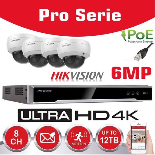 [HIKPRO-6M4D] HIKVISION Surveillance Kit Camera EasyIP 2.0 - 6MP-3K -  4 x 6MP IP DOME CAMERA In/Outdoor Night Vision IR  30m - NVR 8channel DS-7608NI-K1/8P - 2TB Hard Disk installed