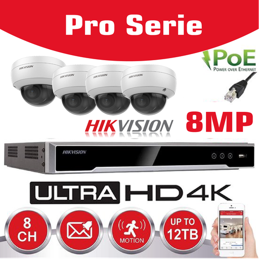 [HIKPRO-8M4D] HIKVISION 8MP Surveillance Camera Kit  Pro Serie - NVR 8Ch  4K UHD IP POE - 4x 8MP IP TURRET CAMERA Pro-Serie In/Outdoor Night Vision IR Up to 30m - 4TB HDD Storage 