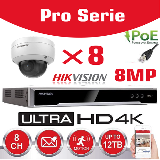 [HIKPRO-8M8D] HIKVISION 8MP Surveillance Camera Kit  Pro Serie - NVR 8Ch  4K UHD IP POE - 8x 8MP IP TURRET CAMERA Pro-Serie In/Outdoor Night Vision IR Up to 30m - 4TB HDD Storage 
