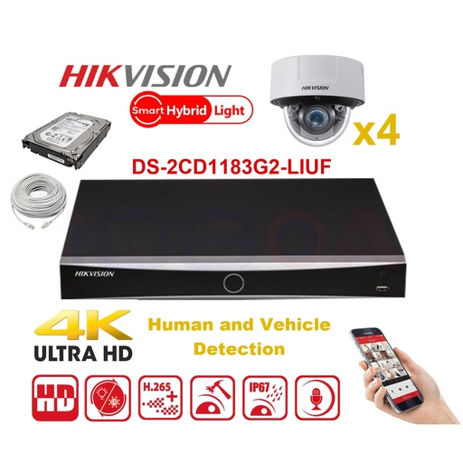 [IPMD-8M-4D] HIKVISION Camera Kit Smart Hybrid G2-serie 4x IP-cameradome 8MP - NVR 8x kanaal - harde schijf 2 TB, uitbreidbaar tot maximaal 8x IP-camera