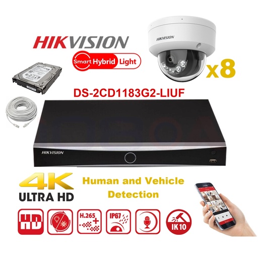 [IPMD-8M-8D]  Kit caméra HIKVISION Smart Hybrid G2 Series 8x IP Camera Dome 8MP - NVR 8xChannel - Disque dur 4 To