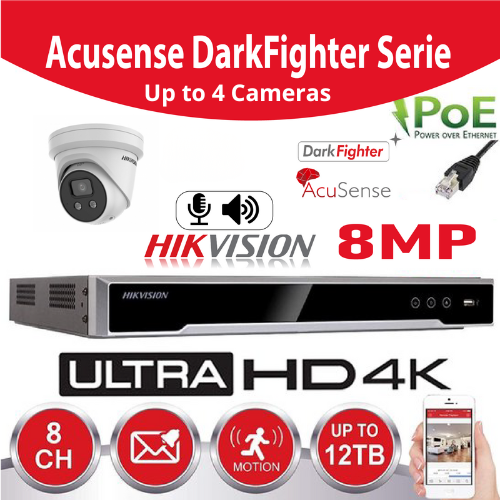 HIKVISION Acusense 8MP IR IP-bewakingscamerakit - tot 4x IP camera's DS-2CD2386G2-IU - 2,8 mm audio - 4-kanaals PoE NVR - 2 TB harde schijf voorgeïnstalleerd