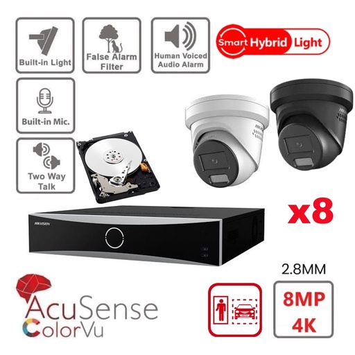  Kit caméra HIKVISION Acusense - Éclairage hybride intelligent avec ColorVu Serie - Tourelle 8x caméra IP 4k-8MP Lumière stroboscopique active et alarme audio -NVR Acusense NXI Series 8xChannel avec POE - Disque dur 6 To