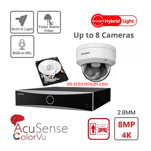 HIKVISION 4K/8MP ColorVu AcuSense IP-cameraset – Inclusief maximaal 8x 4K/8MP ColorVu AcuSense IP-domecamera's (met ingebouwde microfoon) en een 8-kanaals AcuSense NXI-serie NVR met PoE (2 SATA-poorten) – Vooraf geïnstalleerde 6TB-harde schijf.