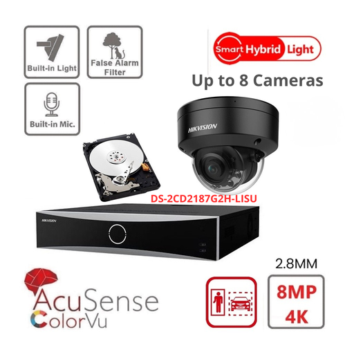 HIKVISION Bewakings-IP-cameraset Acusense 4K/8MP - 2x/3x/4x/5x/6x/7x/8x 4K-8MP IP-domecamera's in zwart met ingebouwde microfoon - Acusense NXI-serie 8-kanaals NVR met PoE - 2x SATA - 4TB of 6TB harde schijf, uitbreidbaar tot 8 IP-camera's