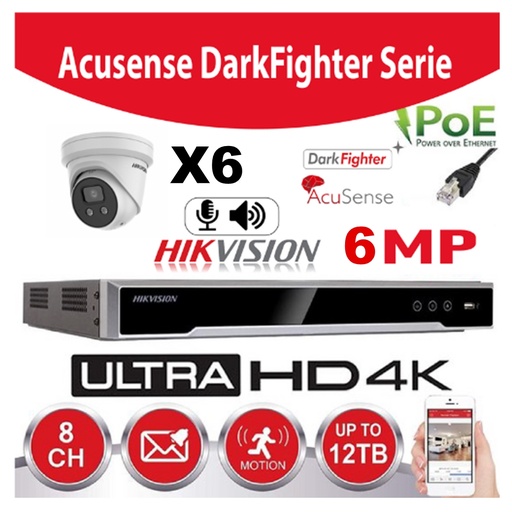 [IPACS-G2IR-6M-6T] Hikvision Set IP-Darkfighter - Acusense G2 Serie 6x DS-2CD2366G2-IU - 2.8mm 6 megapixel Turret Ingebouwde microfoon + recorder NVR 8-kanaals DS-7608NXI-K1/8P - Harde schijf 6TB