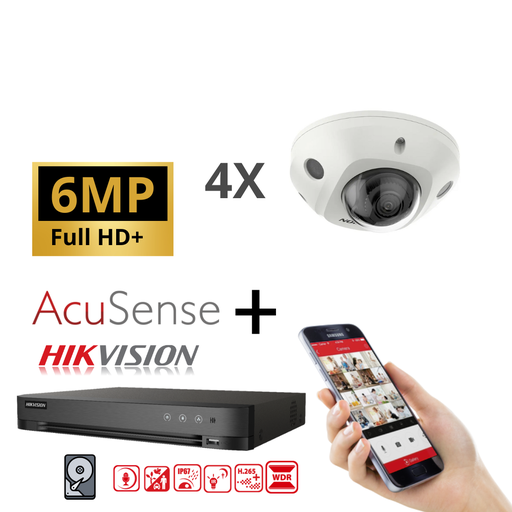 [IPACS-G2IR-6M-4MD] Hikvision IP-Kit 4x Camera 6MP  IR / Acusense G2 Serie - 4x DS-2CD2563G2-I 2.8mm Audio Mini Dome Camera - recorder NVR 8channel DS-7608NXI-K1/8P - 4TB Hard Disk installed
