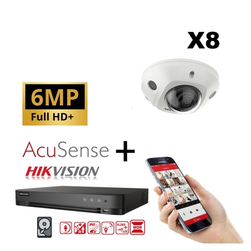 [IPACS-G2IR-6M-8MD] Hikvision IP-Kit 8x Camera 6MP IR / Acusense G2 Serie - 8x DS-2CD2563G2-I 2.8mm Audio Mini Dome Camera - recorder NVR 8-kanaals DS-7608NXI-K1/8P - 6TB Harde Schijf geïnstalleerd