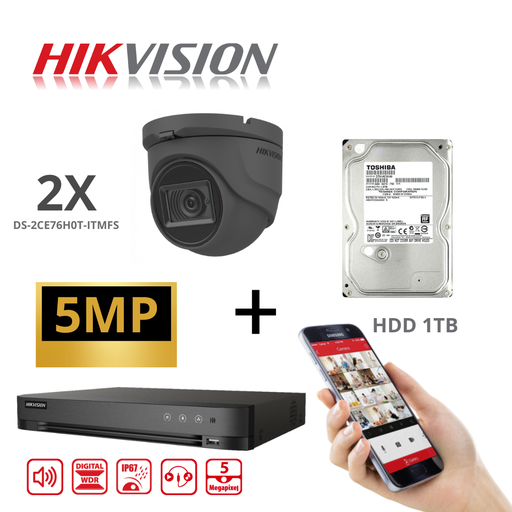 Kit de caméras de surveillance Hikvision Analog TurboHD 5MP - 8 canaux DVR - Caméra tourelle 2x/4x/6x/8x - Noir - Entrée audio - 5MP - 2,8 mm - IR20m - Disque dur 1 To