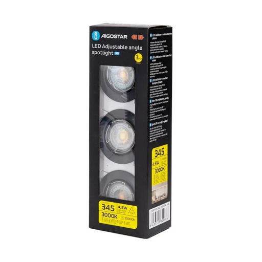 Aigostar GU10 LED Spotlight with Adjustable Angle, 4.5W (cutout: 65mm) 3PCS/PACK Black