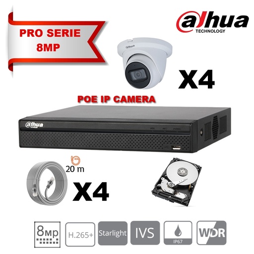 [IPDH-LT8M-4T] DAHUA Lite Kit Serie IP 8MP 4x Caméra Tourelle Fixe 2.8mm-IR 30M + 8 Canaux POE NVR + Disque dur 2 To spécial surveillance