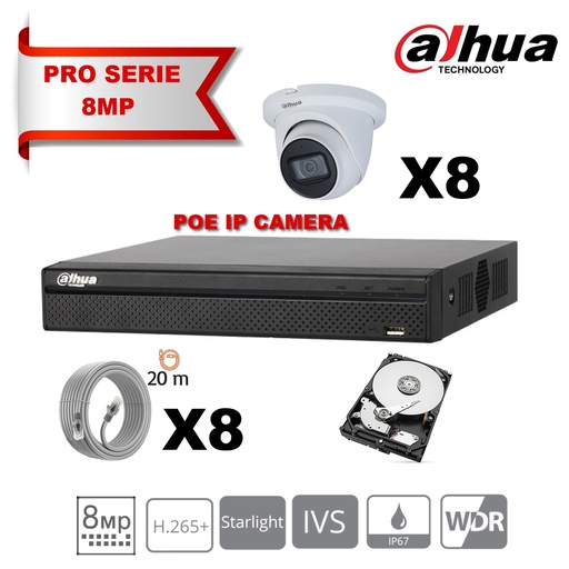 [IPDH-LT8M-8T] DAHUA Lite Kit Serie IP 8MP 8x Camera Turret  Fixed 2.8mm-IR 30M  + 8 Channels POE NVR + 4Tb Hard Disk Special Surveillance