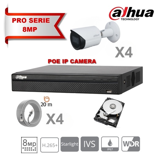 [IPDH-LT8M-4B] DAHUA Lite Kit Serie IP 8MP 4x Camera Bullet  DH-IPC-HFW2831SP-S-S2 Fixed 2.8mm-IR 30M  + 8 Channels POE NVR + 2Tb Hard Disk Special Surveillance