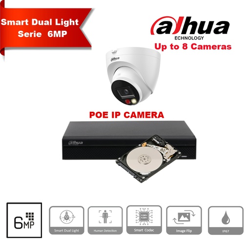 Dahua 6MP Turret IP Camera Kit – White – Up to 8 × DH-IPC-HDW1639T-A-IL + 8-Channel PoE NVR + 2TB HDD