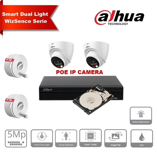 Kit de vidéosurveillance IP Dahua AI-WizSense – Jusqu'à 8 caméras Tourelle 5MP IPC-HDW2549-S-PV-2.8mm Blanc, Smart Dual Illumination, Alarme sonore et lumineuse  + NVR PoE WizSense 8 canaux – Disque dur de 4 To préinstallé.