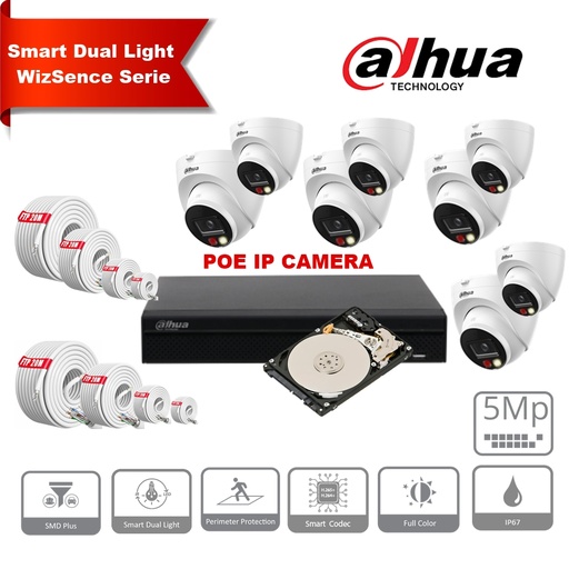 [IPDH-DLW8T-5M] DAHUA Smart Dual Light Active Deterrence WizSense-serie 30m IP-camerakit - 8 x 5 megapixel 2,8 mm camera's + 8-kanaals POE NVR + 4 TB