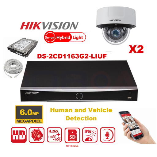[IPHK-DL-D602] HIKVISION Camera Kit Smart Hybrid G2 Series  2x IP Camera Dome 6MP -   NVR 4xChannel POE Acusense- Hard Disk 2Tb