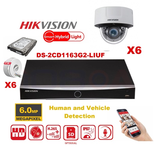 [IPMD-6M-6D] HIKVISION Camera Kit Smart Hybrid G2 Series  6x IP Camera Dome  6MP -   NVR 8xChannel - Hard Disk 4Tb Extensible To Max 8x IP Camera