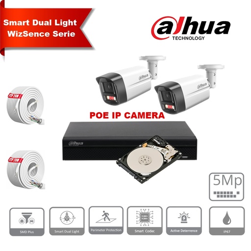 [IPDH-DLW2B-5M] DAHUA Smart Dual Light WizSense Active Deterrence Series 30m IP Camera Kit - 2x 5 Megapixel 2.8mm Camera Bullet + 8 Channels POE NVR + 2TB Max 8x Camera