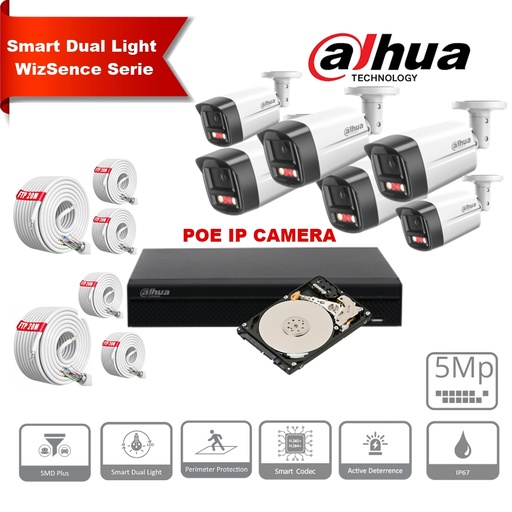[IPDH-DLW6B-5M] Kit de caméras IP DAHUA Smart Dual Light WizSense Active Deterrence  Series 30 m - 6 caméras Bullet 5 mégapixels 2,8 mm + NVR POE 8 canaux + 4To max. 8 caméras 