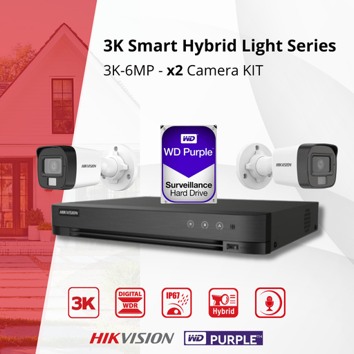 Kit de caméras de surveillance Hikvision Analog TurboHD 3K (6 MP) - Caméra Bullet 2x/4x/6x/8x 3K (6 MP) Double éclairage Audio Intérieur/Extérieur - DVR 8 canaux - Disque dur 1 To