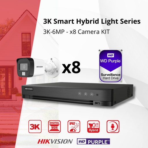 [TVIKIT3K-B8] HIKVISION Set 3K Double Éclairage - 8x Caméra Canon 3K (6MP) Double Éclairage Audio Intérieur/Extérieur - DVR 8 Canaux - Disque Dur 2 To 