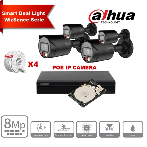 [IPDH-DLW4BB-8M] DAHUA Smart Dual Light WizSense-serie  30m IP-camerakit - 4x 8 megapixel 2,8 mm camerabullet + 8 kanalen POE NVR + 2 TB max. 8x camera