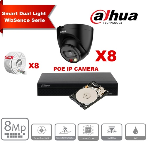 [IPDH-DLW8TB-8M] DAHUA Smart Dual Light WizSense-serie  30m IP-camerakit - 8x 8 megapixel 2,8 mm Cameratorentje  Zwart+ 8 kanalen POE NVR + 4 TB 