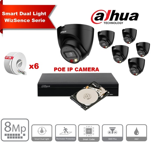[IPDH-DLW6TB-8M] Kit de caméras IP DAHUA Smart Dual Light WizSense   Series 30 m - 6 caméras Turret  PC-HDW2849T-S-IL 8 mégapixels 2,8 mm  Noir+ NVR POE 8 canaux + 4To max. 8 caméras   (copie)