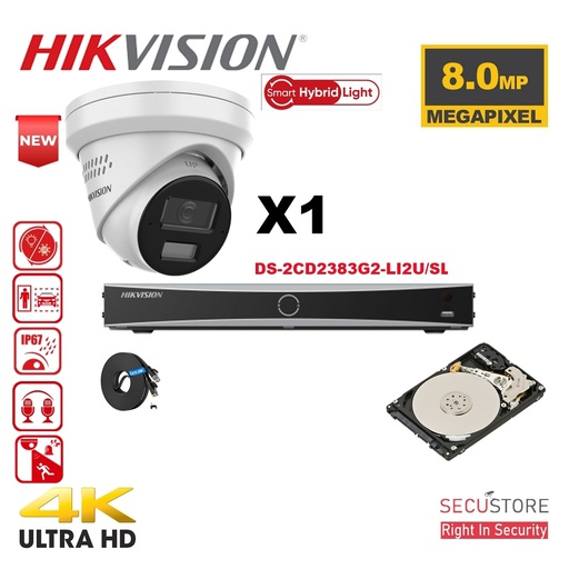 [IPAC-G2H-1T-WH] HIKVISION Camera Kit Acusense - Smart Hybrid Light e - 1x IP Camera Turret 4k-8MP Active Strobe Light and Audio Alarm - NVR Acusense NXI Series 4xChannel with POE - Hard Drive 2TB Expandable up to 4x IP Cameras