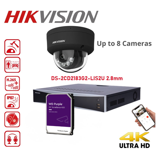 Kit de vidéosurveillance HIKVISION IP AcuSense 4K – 8 MP – Jusqu’à 8 caméras – PoE – HDD 4 To , caméras Dome  DS-2CD2183G2-LI2U IP 4K 8 MP Noir avec éclairage hybride intelligent, dissuasion active et audio