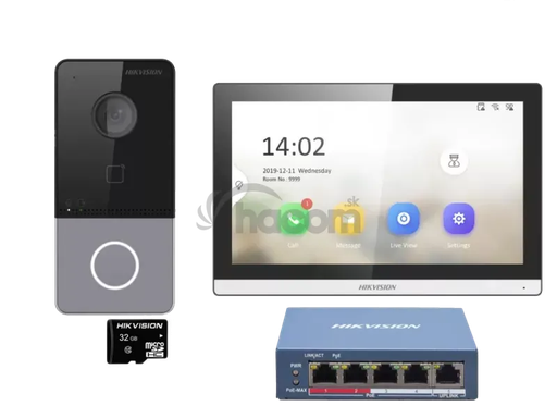 [DS-KIS607-S] Kit Hikvision DS-KIS607-S IP DS-KV6113-PE1(C), DS-KH6350-WTE1, commutateur PoE 4 ports, kit d'interphone vidéo IP-PoE SD, 1 bouton d'appel, montage en surface, moniteur tactile Wi-Fi 7 pouces + commutateur PoE 5 ports