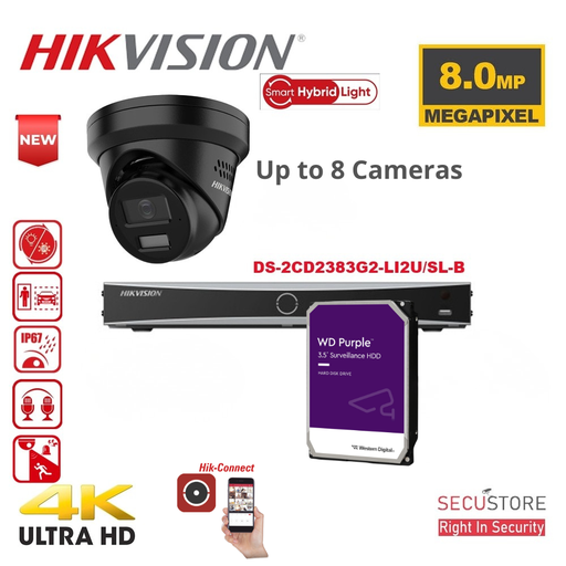 HIKVISION IP AcuSense 4K Video Surveillance Kit – 8 MP – Up to 8 cameras – PoE – 4TB HDD – Black DS-2CD2383G2-LI2U 4K 8 MP IP Turret cameras with Smart Hybrid Light, active deterrence, and audio.