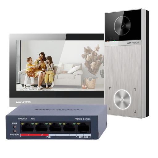 [DS-KIS613-S] Kit interphone vidéo IP-PoE Hikvision DS-KIS613-S, montage en surface, 1 bouton d'appel, moniteur tactile Wi-Fi 7 pouces + commutateur PoE 5 ports