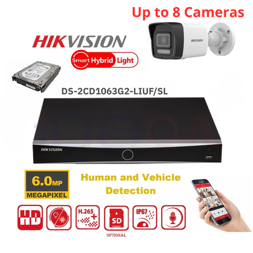 HIKVISION bewakingscameraset - Tot 8x 6MP Value G2-serie bulletcamera's - Dual Light MD2.0-audio - Acusense 8-kanaals PoE NVR - Voorgeïnstalleerde harde schijf
