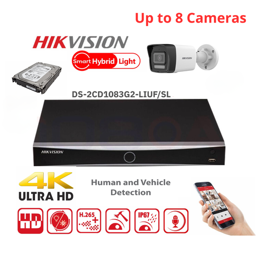 HIKVISION Surveillance Camera Set 8x Chanel 8MP Value G2 Serie Dual Light MD2.0 -   2/3/4/5/6/7/8X  IP Camera Bullet 8MP -   NVR 8xChannel POE Acusense- Hard Disk 4/6Tb Preinstalled