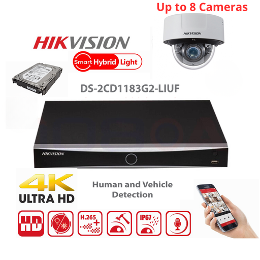 Kit de caméras de surveillance HIKVISION 8 canaux 8MP Value G2 Serie Dual Light MD2.0 - Tourelle de caméras IP 2/3/4/5/6/7/8X 8MP - NVR 8 canaux PoE Acusense - Disque dur 4 To ou 6 To préinstallé