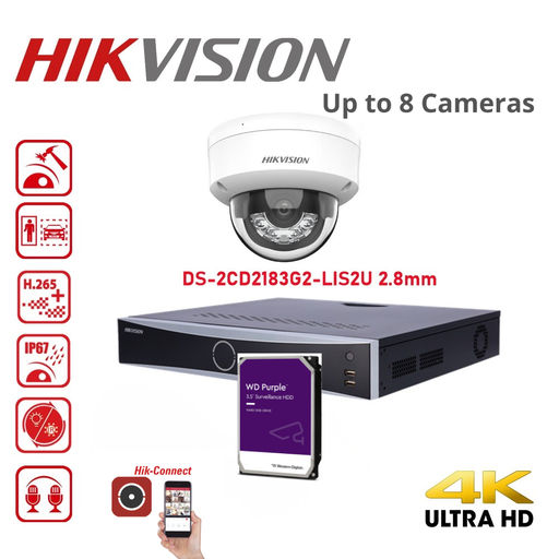 HIKVISION IP AcuSense 4K Video Surveillance Kit – 8 MP – Up to 8 cameras – PoE – 4TB HDD – White DS-2CD2183G2-LIS2U IP 4K 8 MP Dome cameras with Smart Hybrid Light, active deterrence, and audio.