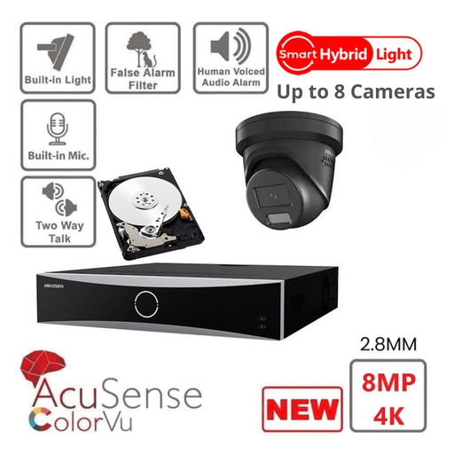 HIKVISION Bewakings-IP-cameraset Acusense 4K/8MP 2x/3x/4x/5x/6x/7x/8x Zwarte Turret-camera's - Intelligente hybride verlichting met ColorVu - 4K-8MP actieve stroboscoop en audioalarm - Acusense NXI-serie 8-kanaals NVR met PoE - 2x SATA - 4TB of 6TB harde schijf (uitbreidbaar tot 8 IP-camera's)