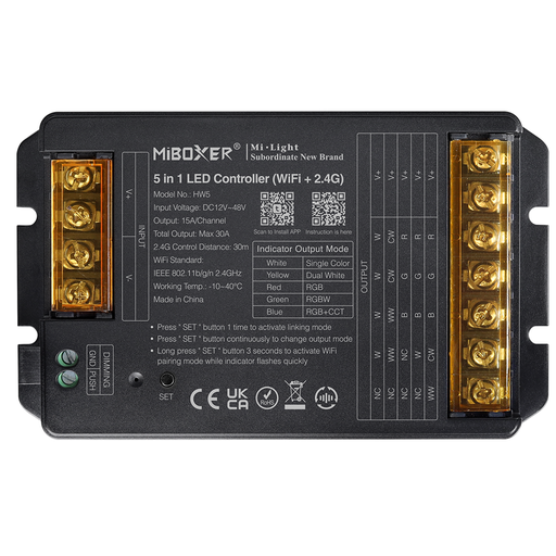 [HW5] Mibox HW5 5 in 1 RGB+CCT LED Controller (WiFi+2.4G) Max Output 30A DC12~48V 15A/Max Channel Output 30A