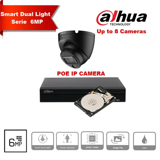 Dahua 6MP Turret IP-cameraset – Zwart – Tot 8 × DH-IPC-HDW1639T-A-IL + 8-kanaals PoE-NVR + 2TB HDD