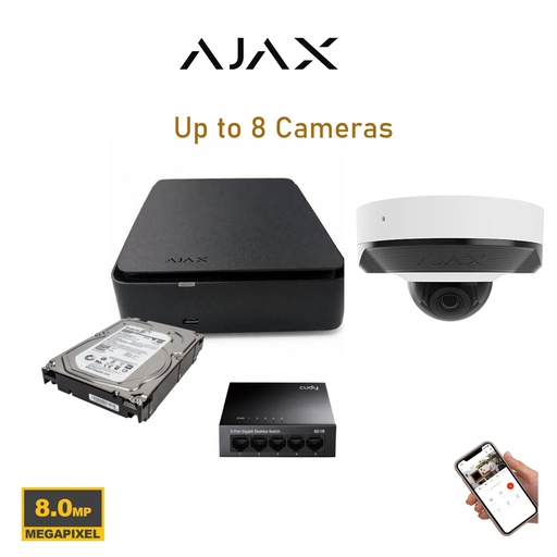 Kit AJAX Vidéosurveillance 8MP  Jusqu'à 8 Caméras Dome Dual Light + NVR PoE 8CH + HDD 4 To