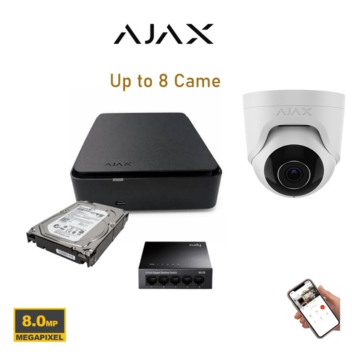 Kit AJAX Vidéosurveillance 8MP  Jusqu'à 8 Caméras Turret Dual Light + NVR PoE 8CH + HDD 4 To 