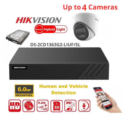 HIKVISION 6MP Surveillance Camera Kit – Up to 4x 6MP Dual-Light Turret IP camera  (DS-2CD1363G2-LIUF) – Lite Series 4-Channel PoE NVR – Pre-installed 2TB Hard Drive