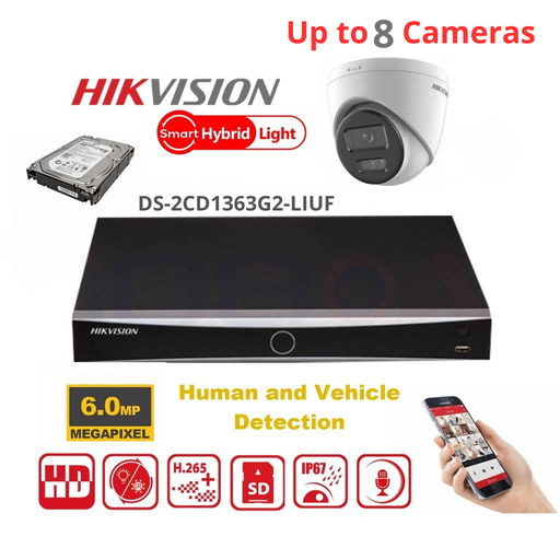 HIKVISION 6MP Surveillance Camera Kit – Up to 8x 6MP Dual-Light Turret IP Cameras (DS-2CD1363G2-LIUF) – Lite Series 8-Channel PoE NVR – Pre-installed 4TB Hard Drive