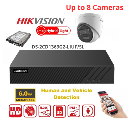 Kit de vidéosurveillance HIKVISION 6 MP – Jusqu'à 8 caméras IP tourelles 6 MP à double éclairage (DS-2CD1363G2-LIUF) – NVR PoE 8 canaux (série Lite) – Disque dur de 4 To préinstallé