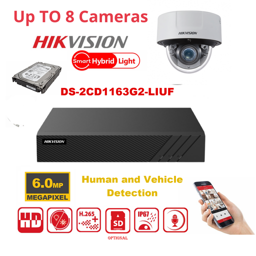 Kit IP Hikvision – caméras infrarouges 6MP / Série Essential – Caméras dôme DS-2CD1163G2-LIUF (technologie Dual Light, portée IR 30 m, audio intégré) – Enregistreur NVR 8 canaux DS-7608NXI-K1/8P – Disque dur de 2 To inclus Max 8 caméras