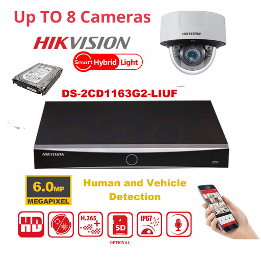 Kit IP Hikvision – caméras infrarouges 6MP / Série Essential – Caméras dôme DS-2CD1163G2-LIUF (technologie Dual Light, portée IR 30 m, audio intégré) – Enregistreur NVR 8 canaux DS-7608NXI-K1/8P – Disque dur de 2 To inclus Max 8 caméras