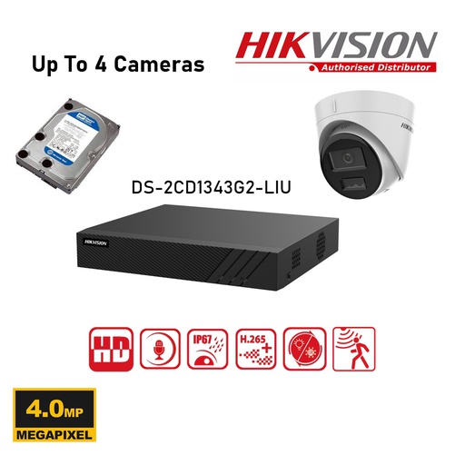 HIKVISION 4MP bewakingscamerakit - 2/3/4 Dual Lighting Turret IP-camera (DS-2CD1343G2-LIUF) - Lite-serie 4-kanaals PoE-NVR - 2TB harde schijf voorgeïnstalleerd