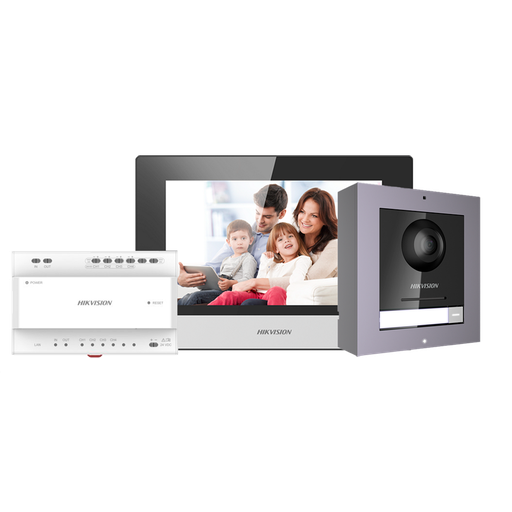 Kit interphone vidéo IP Hikvision DS-KIS702 à 2 fils avec 1 bouton d'appel et moniteur tactile Wi-Fi 7 pouces
